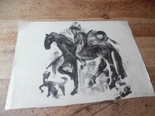 ALTE LITHOGRAPHIE REITER AUF PFERD.SIGNIERT DATIERT 1955