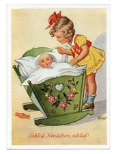 Alte AK Postkarte Dörfel Mädchen Wiege Baby...  Rar!!