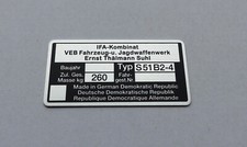 Typenschild Simson S51 B2-4 Plakette 260kg IFA VEB, blanko