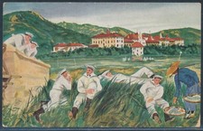 Kiautschou Künstler-AK Iltis-Kasernen ab Tsingtau 1913 nach Gelsenkirchen (1450)