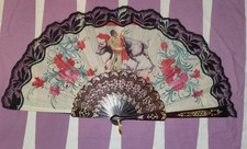 Schwarzer Handfächer Stoff Spanien Flamenco 90er Jahre