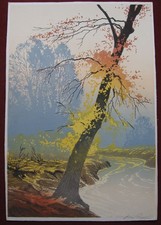 Oscar Droege: Landschaft Herbst 1960/Landscape Autumn Print Farbholzschnitt
