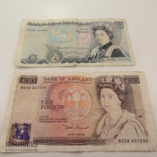 Bank of England, alte Banknoten, 5 und 10 Pounds, 1975 (10840EB)