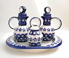 Bunzlauer Keramik WUNDERSCHÖNES SET Essig Öl Salz Pfeffer mit Servier-Schale 013