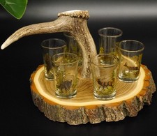 Schnaps Anbieter Akazieschild Rothirsch Stange 6x Gläser bunt hoch Jagdmotiv´11