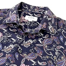 Eton Hemd Größe Large L Langarm Herren Lila Blau Paisley Slim Fit
