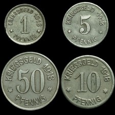 NOTGELD: 1, 5, 10 & 50 Pfennig 1918. ZELLSTOFFFABRIK WALDHOF-TILSIT, OSTPREUSSEN