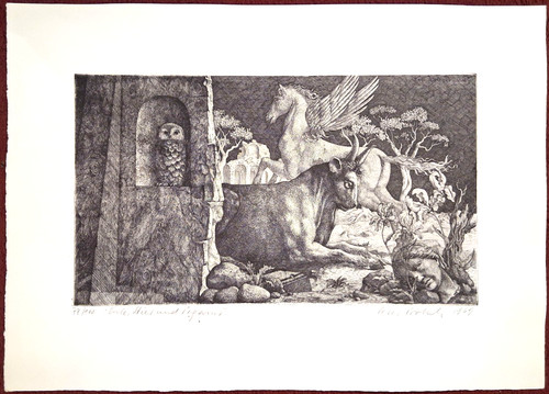 Radierung eule stier und - radierung, „eule,