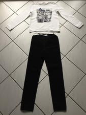 H&M SET Kombi Winter Hose Pullover Schwarz Weiß Katze Schleife Mädchen 134 140