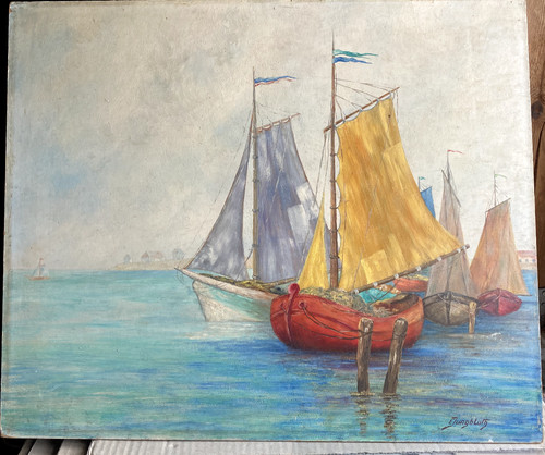 ölgemälde boote auf see - boote,
