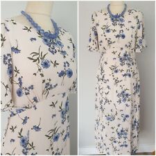 Vintage 1930er 1940er Stil creme blau Blumen Maxi Party Tee Kleid UK 12 US 8