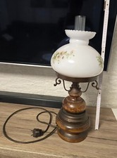 Jugendstil Tischlampe, wie eine Öllampe aus Messing, Holz, Glas 70er