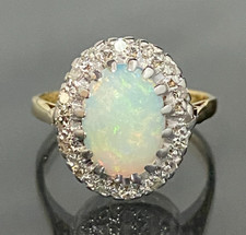 Vintage 18K Yellow Gold Opal & Diamond Cluster Ring Size L  -  5 7/8