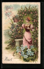 Präge-Lithographie Trompeter von Säckingen mit Angebeteter im Rosenhain, Behüt  