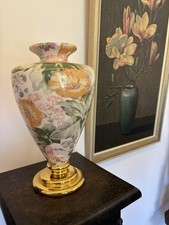 Vintage Italienische Porzellan Vase, Handarbeit Vergoldet Blumen 33cm Hoch