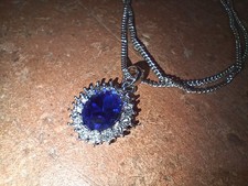 Modeschmuck Halskette Kette Anhänger Strasssteine blau transparent oval Titanic