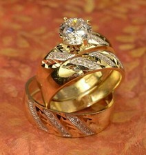 Trio Set Sein und Ihr Braut Verlobungsring Hochzeit Ring Gelbgold Finish Silber