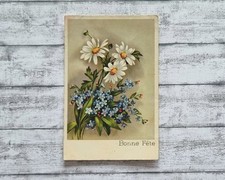 Bonne Fete Blumen Vergissmeinnicht Grußkarte Postkarte Vintage Retro Deko alt
