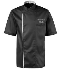 Kochjacke Druckknöpfe kurzarm schwarz mit farbiger Paspel bestickt Wunschtext