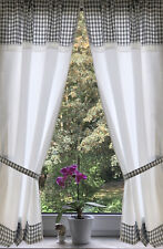 Landhaus Gardine Set 2St weiß grau Karo Spitze 140x75Gesamt150cm+2 Bänder