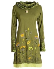 Vishes Damen Blumen Kleid Langarm Shirtkleid Schal-Kragen Hippie besticktes Kl