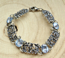 Jugendstil 925er Silber Armband 5 x Aquamarin, florales Design, 1x Verlängerung