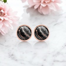 Runde Ohrringe Ohrstecker Marmor Schwarz Roségold Schmuck Damen Geschenk