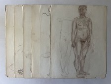 Männliche & weibliche Akte 6 Blätter Zeichnungen Braun stehend sitzend Mann Frau