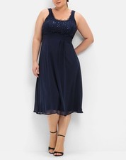 sheego Damen Abendkleid Wadenlang Ärmellos Rundhals Spitze marine NEU