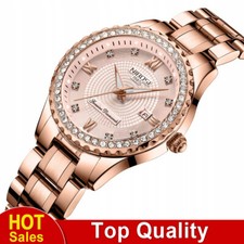 Damen Quarz Uhr Roségold Strass Lederarmband Modisch Elegant Fashion Geschenk