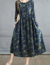 ❣️Landhaus Maxi Kleid Taschen Leinen XL 42 44 2XL beige blau Meer oversize camou