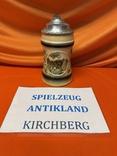 Krug Porzellan Keramik Jagdkrug Eichenlaub Jäger Zinndeckel Wein Bier Gemarkt