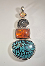 Anhänger Feueropal Ammonit Bernstein Türkis Spiderweb Silber 925 Unikat 271