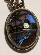 Alte DESIGN Kette Anhänger ALFANO Made in Brasil Hinterglasmalerei Silber Sakral