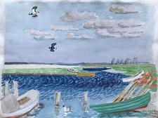 Karl Adser 1912-1995 Kleiner Hafen Bucht Fischerboote Möwen Frühling Dänemark
