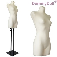 Schneiderbüste Schaufensterpuppe weiblich lang, Überzug creme/ecru, Metallplatte