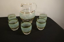 Schöner Krug + 5 Gläser grün weiße Punkte 50er 60er Waaserkrug Saftkrug Sixties