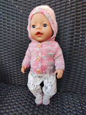 Puppenkleidung 43 cm 3tlg Handmade Set Motiv Lama Kapuzenstrickjacke & Söckchen 