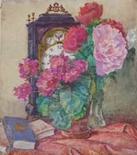 Hans Götzinger, Pfingstrosen, Antiquitäten Stillleben, Stockuhr, großes Aquarell