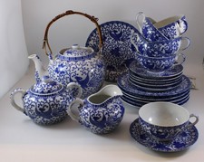 MARUKU CHINA, Made in Japan Teeservice 21 tlg. Porzellan weiß-blau Paradiesvogel