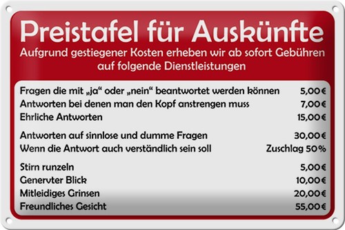 Blechschild preistafel für - blechschild,