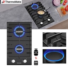 ThermoMate 30 cm Glas Gaskochfeld Einbau Gaskocher 2 Flammig Kochfeld LPG Erdgas