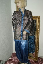 SATIN Glanz Pyjama * Negligee - Anzug * Schlafanzug blau silber GLITZER  M/L