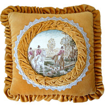 Edles Soafakissen Kissen Rüschen Samt Brokat Reiter Pferd Vintage 70er