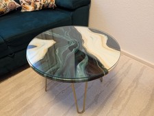 Wohnzimmer Tisch rund 60 cm  Couchtisch Beistelltisch Grün / Gold mit Glasplatte