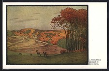 Künstler-AK Hans von Volkmann: Herbst in der Eifel, Ortspartie mit Rehen 