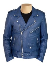 Herren Blau Leder Biker Jacke Gürtel Motorrad Stil 100% Echt Lammleder Reißve...