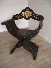 Antik Savonarola Stuhl Scherenstuhl Intarsien Bein Wappen Adel Königshaus Nr484