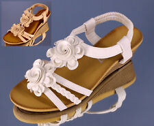 DAMEN Keil Sandaletten mit 4cm Wedge Keilabsatz Blumen Fußbett Sommerschuhe 