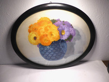 antik 1915 Öl- u. Aquarell Gemälde Stilleben Blumen in Vase oval Holzrahmen Glas